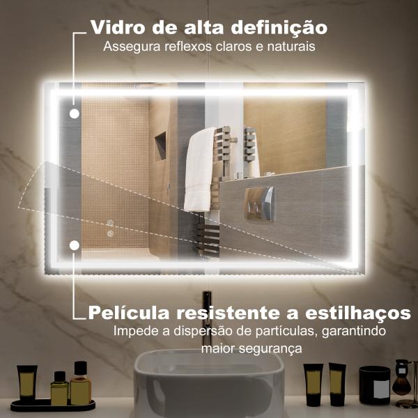 Espelho Casa de Banho com Luz LED 100x60 cm Espelho de Parede com Iluminação Anti - Embaciamento Brilho Ajustável e Interruptor Tátil