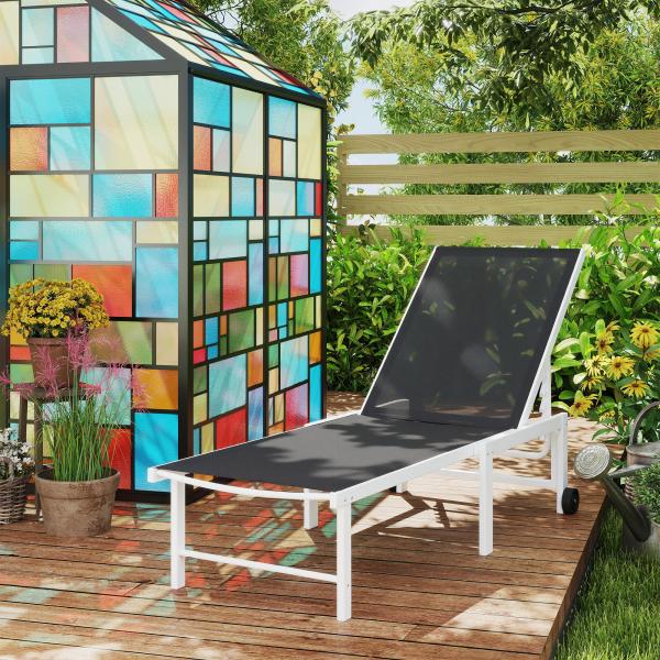 Espreguiçadeira Reclinável de Jardim com Rodas Encosto Ajustável em 5 Níveis e Estrutura de Aço 166x60x84 cm Cinzento