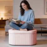 Puff de Arrumação Banco de Arrumação Dobrável 72 L 76x38x35 cm Estofado em Veludo Baú de Armazenamento Rosa