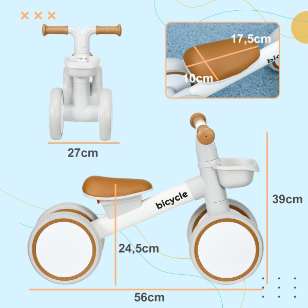 Bicicleta sem Pedais para Crianças de 12 - 36 Meses Bicicleta de Equilíbrio com Assento Ajustável 56x27x39 cm Marrom