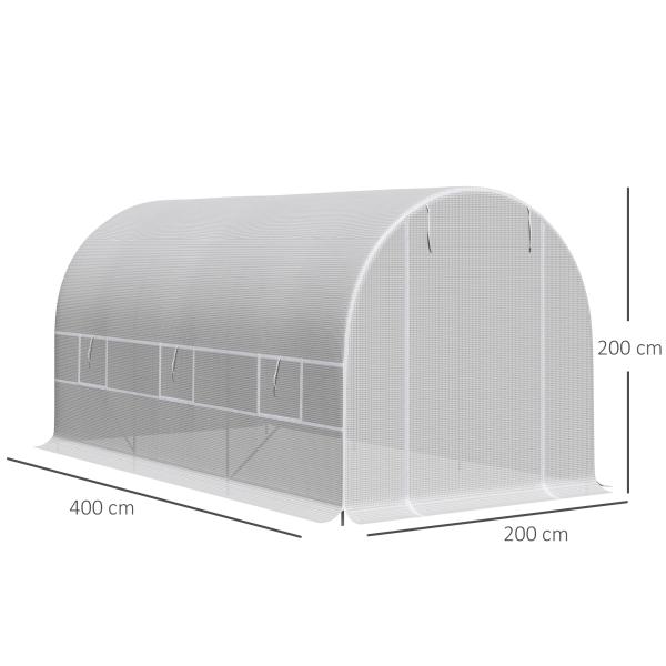 Estufa Tipo Túnel 400x200x200cm Estufa de Jardim com Portas Enroláveis e 6 Janelas Cobertura de PE 140 g/m² Estrutura de Metal para Cultivo de Plantas Verduras Branco