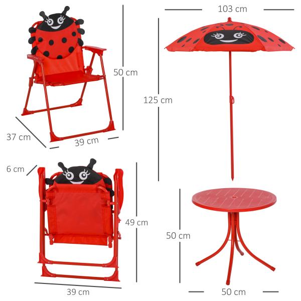 Conjunto de Mesa e Cadeira de Jardim Conjunto de Picnic Dobrável para Crianças Conjunto de Mesa com Chapéu de Sol com Altura Ajustável 100 - 125cm Desenho de Joaninha Vermelho