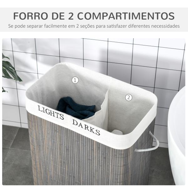 Cesto para Roupa Suja de Bambú Capacidade de 100L com Tampa Removível Bolsa com 2 Compartimentos 52x32x63 cm Cinza