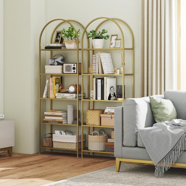 Estante de Vidro de 5 Níveis Estante de Arrumação Estrutura Arqueada Estante Estreita 60x30x175 cm Dourado