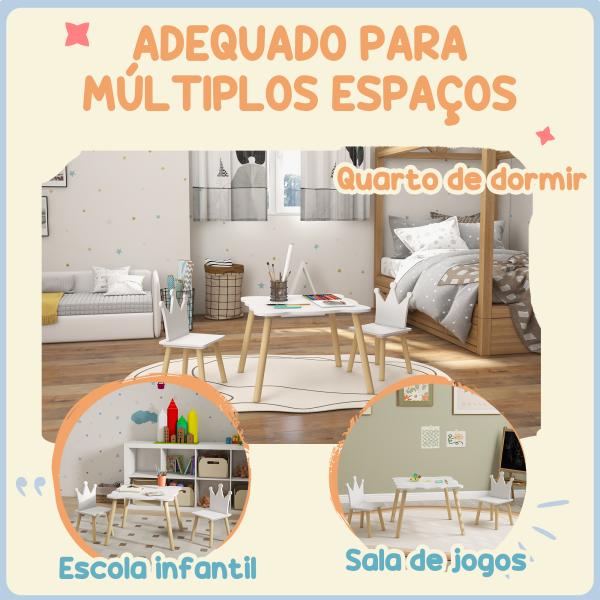 Mesa Infantil com 2 Cadeiras com Encosto em Forma de Coroa para Crianças de 3 - 6 Anos para Sala de Jogos Dormitório Branco