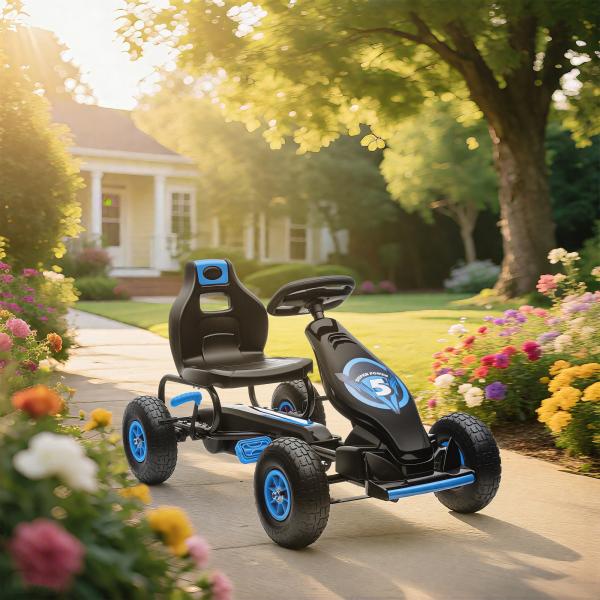 Kart a Pedais para Crianças 5 - 12 Anos com Assento Ajustável Pneus Insufláveis Amortecimento e Travão de Mão 121x58x61cm Azul