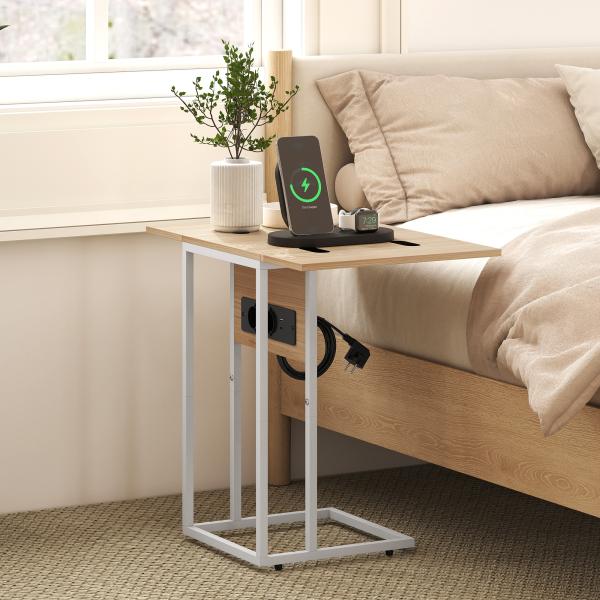 Mesa Auxiliar com Estação de Carga com Tampo Dobrável e Pés Ajustáveis 39x29x57 cm Branco e Madeira