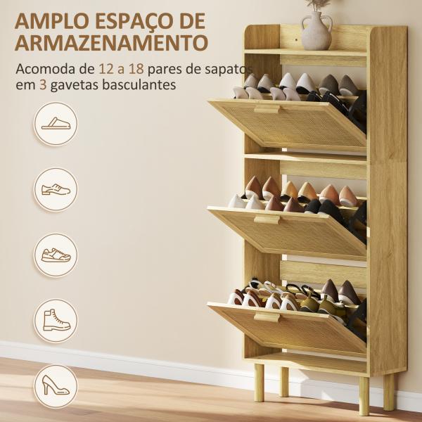 Sapateira com 3 Gavetas Rebatíveis e Prateleira Aberta para 12 - 18 Pares de Sapatos 65x24,5x153 cm Carvalho