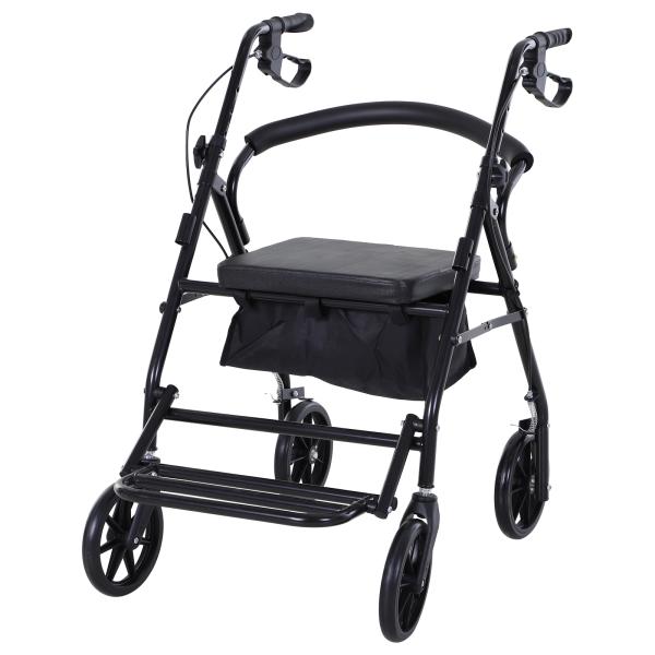 Andarilho 4 Rodas Andarilho Dobrável Leve Assento Encosto Acolchoado Pegas Ergonómicas Metal Preto