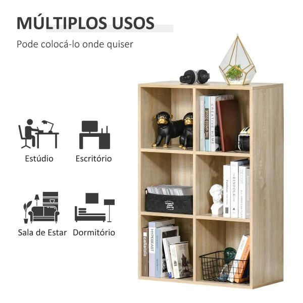 Estante para Livros Estante de Madeira de 3 Níveis com 6 Compartimentos de Armazenamento65,5x30x97,5cm Carvalho
