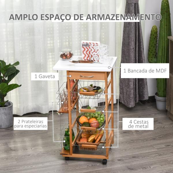 Carrinho de cozinha com bancada de madeira Cesta de armazenamento de fio de 4 camadas 47x 37x 83cm