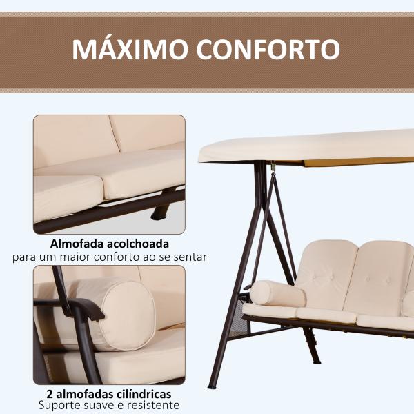 Banco Baloiço de Jardim de 3 Lugares com Teto 2 Almofadas Suporte para Bebidas e Estrutura de Metal para Terraço Balcão Exterior Carga Máxima 360kg 207x120,5x174cm Bege