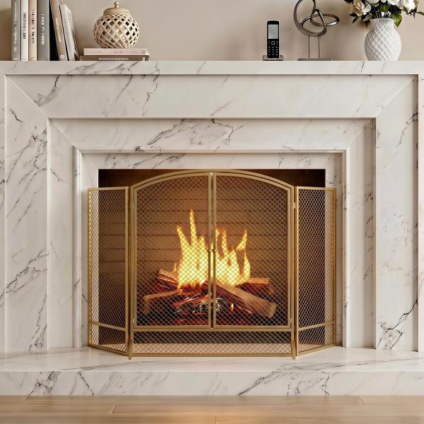 Guarda - Fagulhas para Lareira Dobrável de 3 Painéis em Metal com Porta Dupla para Casa 122x75 cm Dourado