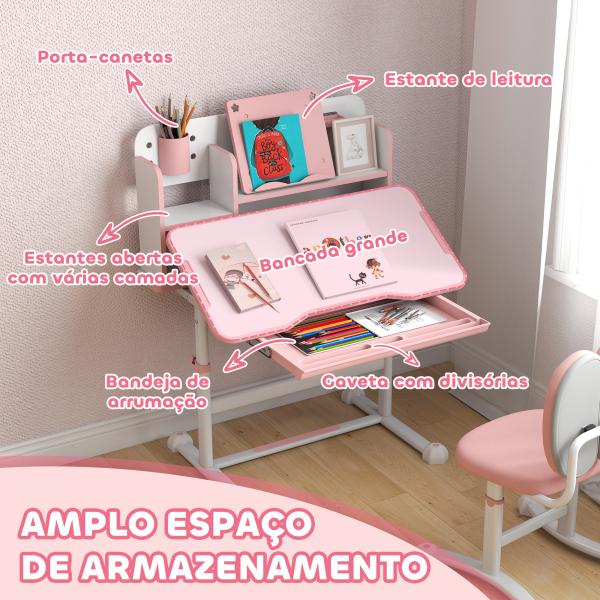 Conjunto de Secretária e Cadeira para Crianças Secretária Infantil Altura Ajustável 80x55x107,5 cm Rosa