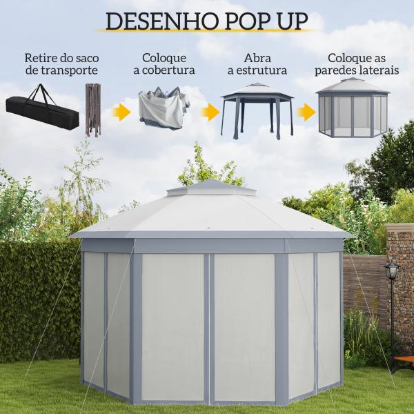 Tenda Dobrável 4x3,4 m Tenda de Jardim Hexagonal com Duplo Tecto 6 Mosquiteiras Destacáveis e Saco de Transporte Cinzento
