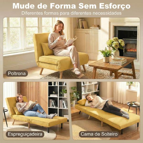 Sofá - Cama Individual Dobrável com Encosto Ajustável em 5 Posições, Sofá - Cama Estofado com Almofada 72x75x85 cm Amarelo