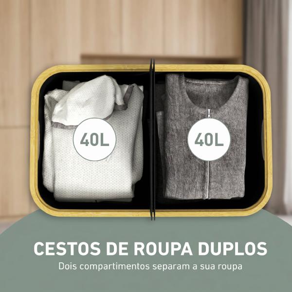 Cesto para Roupa Suja Dobrável com Tampa 80 L em Tecido não Tecido, 2 Compartimentos, Preto