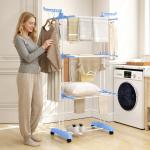 Estendal Dobrável para Roupa com Rodas Estendal Vertical de Aço com 3 Níveis Laterais Dobráveis 73x64x177cm Azul e Branco