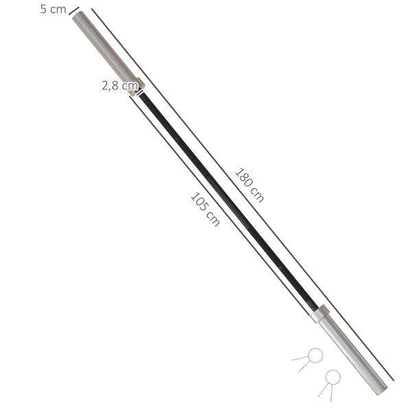 Barra de Pesos de Aço180 cm Ø50 mm com 2 Grampos Carga 200 kg Barra Olimpica para Discos de Ø5 cm Prata e Preto