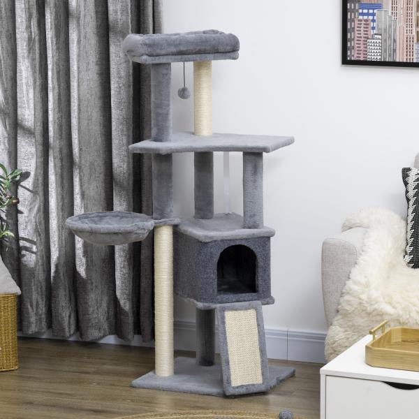 Arranhador para Gatos 127 cm com Caverna Rede Cama Plataformas Rampa de Sisal Bola Pendurada Cinza