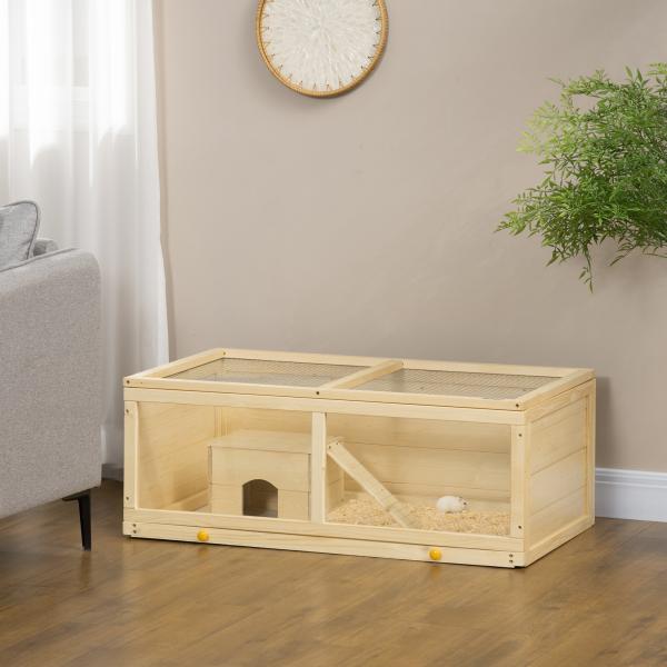 Gaiola para Hamster de Madeira Casa para Roedores com Tampa Abatível Painel de Acrílico Bandeja Amovível 100x58x38cm Madeira