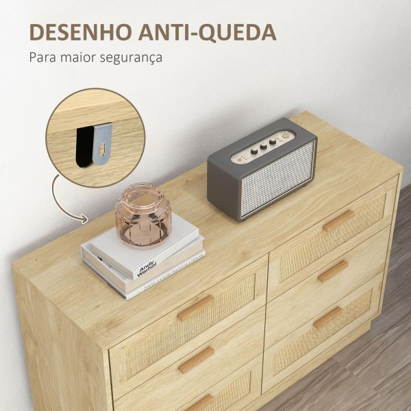 Cómoda para Quarto Cómoda de Madeira com 6 Gavetas de Vime Estilo Boêmio para Corredor Escritório 110x40x69 cm Carvalho