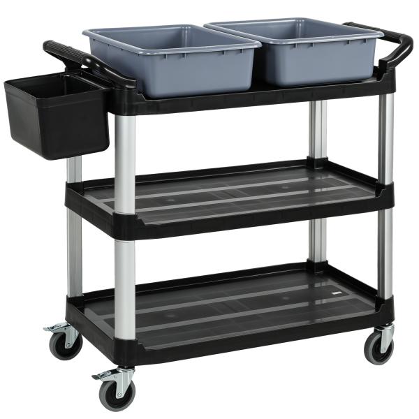 Carrinho de Limpeza com Rodas com 3 Prateleiras 2 Contentores e Balde Lateral Suspenso Carga 100 kg Preto.