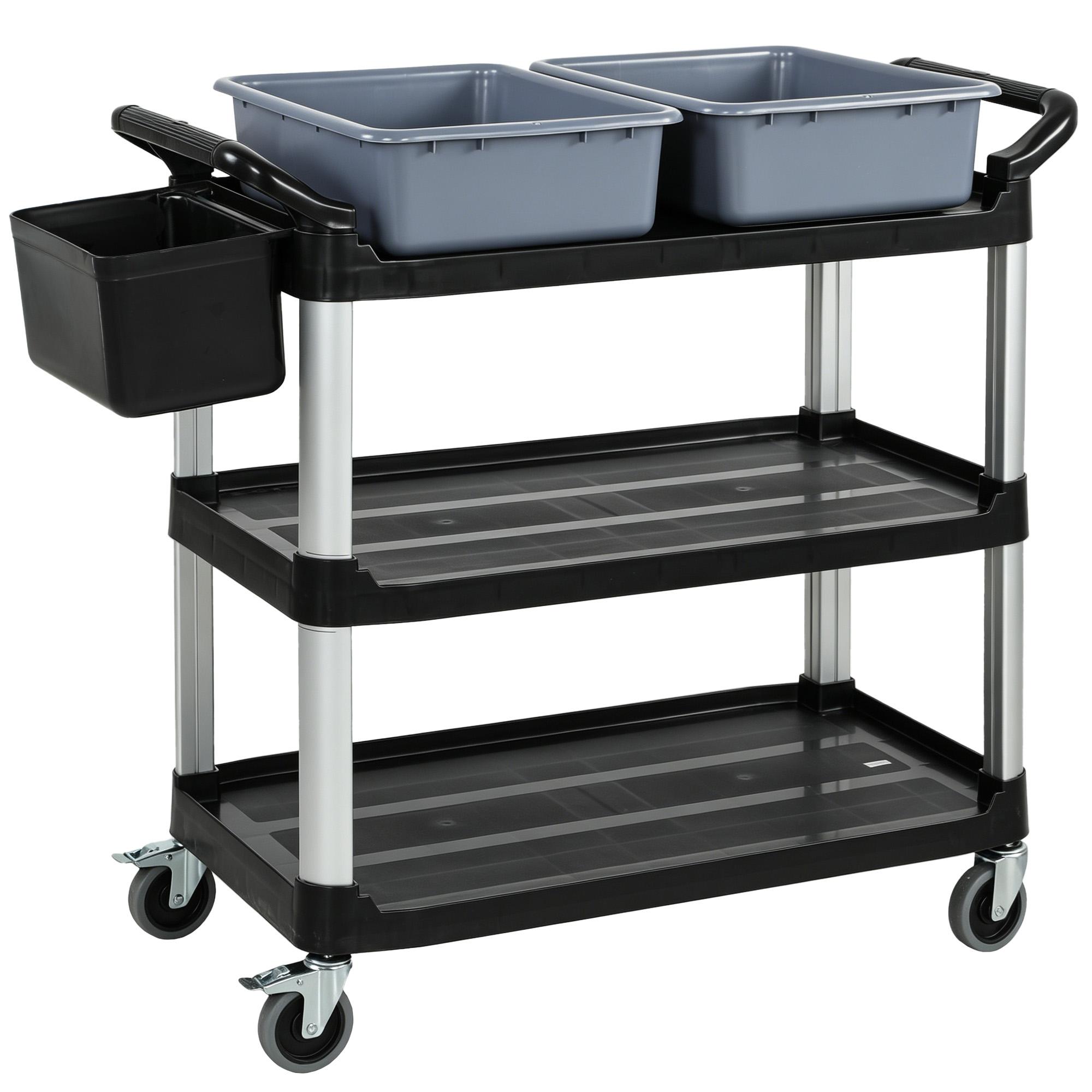 Carrinho de Limpeza com Rodas com 3 Prateleiras 2 Contentores e Balde Lateral Suspenso Carga 100 kg Preto.