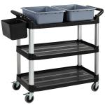 Carrinho de Limpeza com Rodas com 3 Prateleiras 2 Contentores e Balde Lateral Suspenso Carga 100 kg Preto.