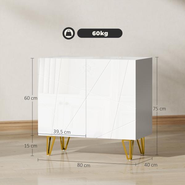 Aparador para Sala Aparador de Entrada com 2 Portas e Prateleiras Ajustáveis para Cozinha Sala 80x40x75 Branco Brilhante