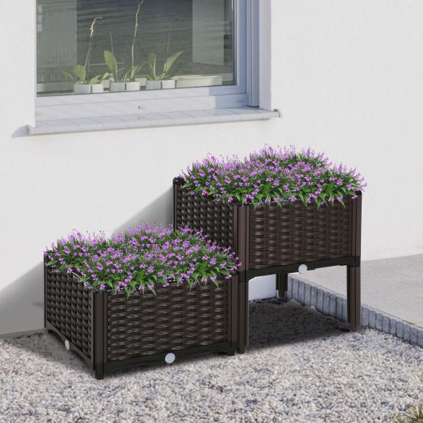 Conjunto de 2 Floreiras Quadradas Floreiras para Flores e Vegetais com Orifícios de Drenagem e Pés Altos 40x40x26 - 44cm Marrom