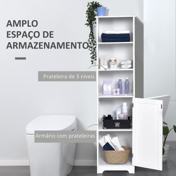 Armário de banheiro branco 5 níveis Prateleiras Coluna do banheiro com 3 prateleiras 1 porta de MDF e resistente à água 40x38x160cm