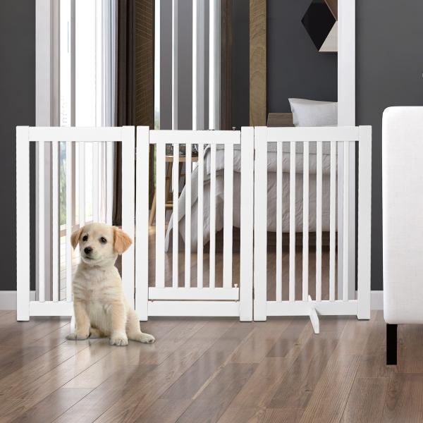 Barreira para Cães de Madeira Barreira para Animais de Estimação Dobrável de 3 Painéis com 1 Porta e Pés de Apoio 155x35,5x76 cm Branco