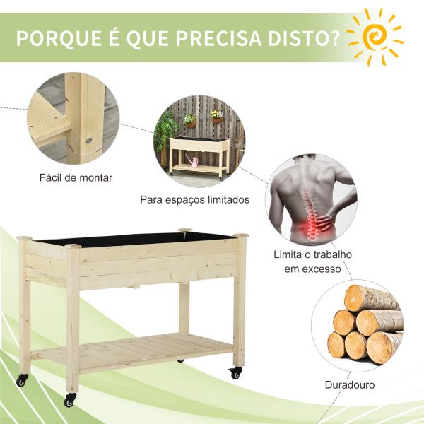Horta Vertical Mesa de Cultivo Elevada com Prateleira Tecido Geotextil Rodas com Freios Portátil para Jardim Terraço 118x55x83cm Madeira Natural