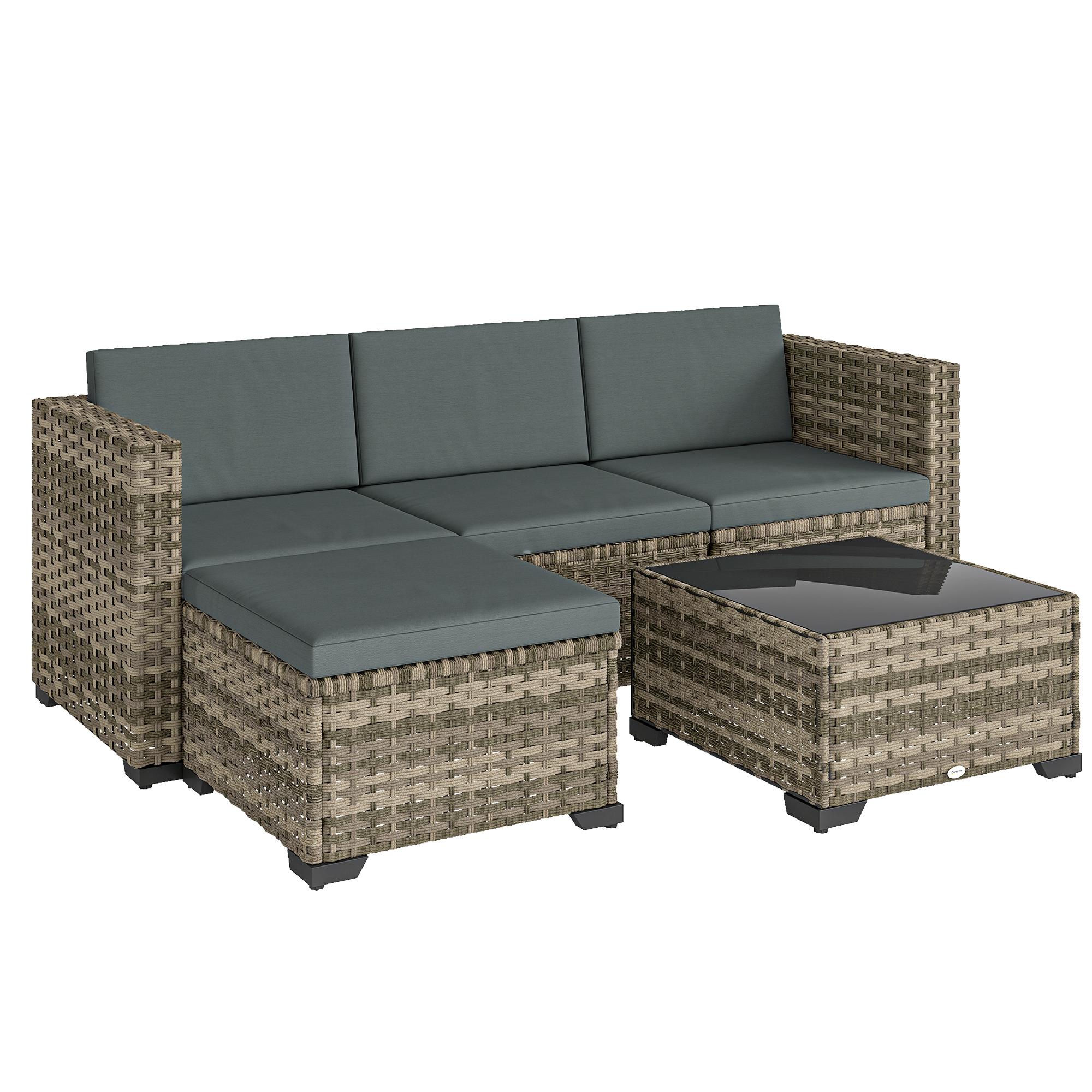 Conjunto de Jardim em Vime de 5 Peças Inclui Almofadas 2 Poltronas de Canto Poltrona sem Braços Apoia - Pés e Mesa de Centro Cinza Escuro