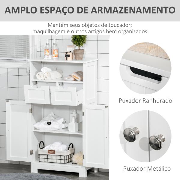 Kleanklin Armário de Casa de Banho com 2 Portas Prateleira Ajustável 2 Gavetas e Compartimento Aberto Móvel Auxiliar de Armazenamento para Sala de Estar Cozinha 60x30x108,8cm Branco