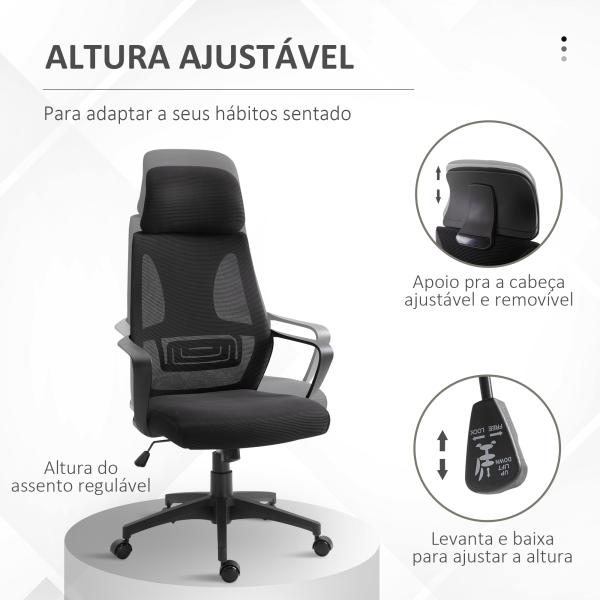Cadeira de escritório ergonômica Cadeira de mesa inclinável ajustável em altura com encosto de braço Encosto de cabeça 5 rodas Suporta até 120 kg 64x58x116 - 126 cm Preto