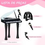 Piano Eletrónico para Crianças com 32 Teclas Microfone banco Luzes 22 Músicas 4 Tons e Volume Ajustável 37x30,5x60,4 cm Preto