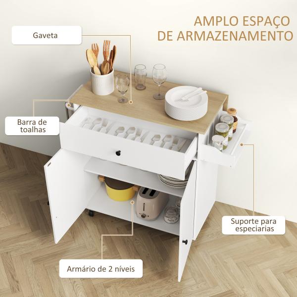 Ilha de Cozinha com Rodas com Lateral Dobrável Gaveta Suporte para Temperos e Prateleira Ajustável 106x42x87 cm Branco e Carvalho