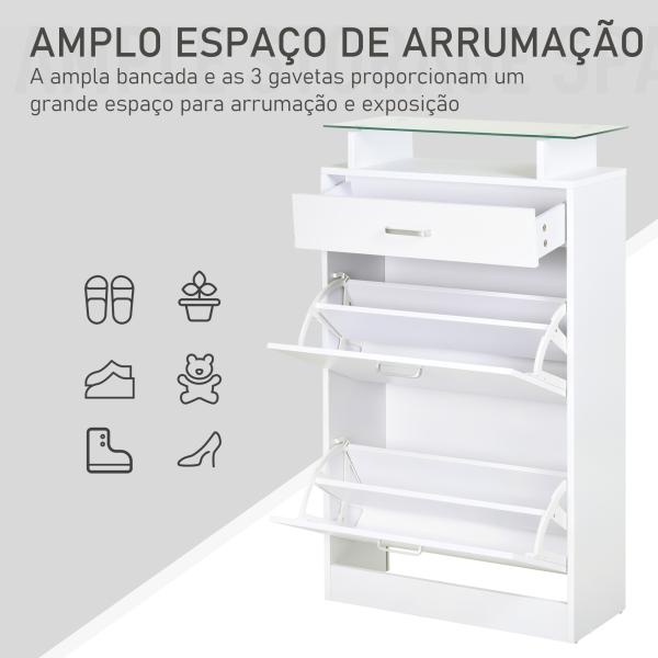 Móvel Sapateira de 2 Portas Sapateira Estreito para 12 Pares de Sapatos com Gaveta Prateleira Aberta e Bancada de Vidro para Corredor Entrada Carga Máx. 50kg 60x24x105,5cm Branco