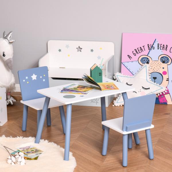 Conjunto de Mesa Infantil e 2 Cadeiras de Madeira Mesa com Cadeiras para Crianças de 2 - 4 Anos Branco e Azul