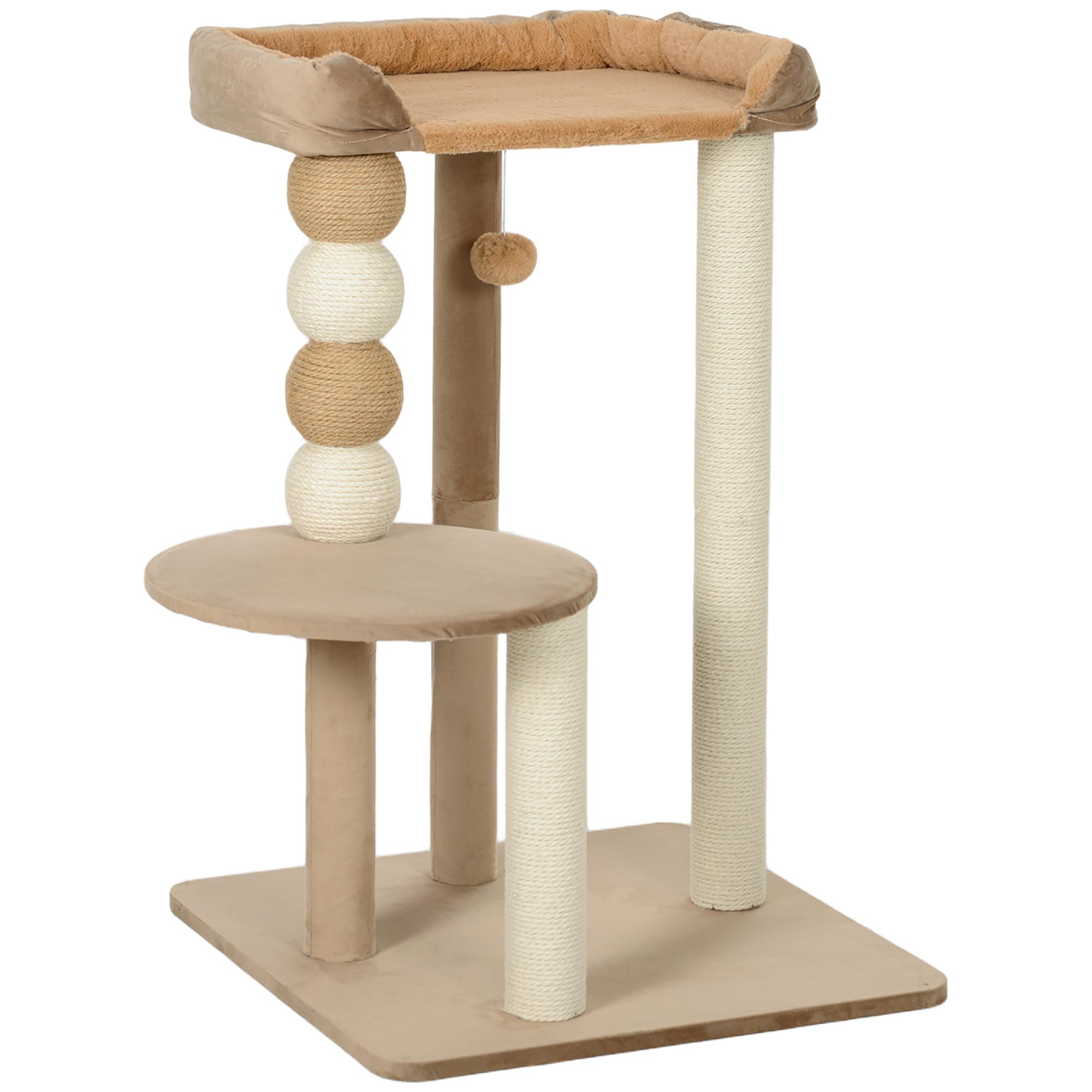 Arranhador para Gatos Arranhador para Gatos com Estofado em Borrego Plataformas Bola Suspensa e Poste de Juta 56x54x86 cm Marrom