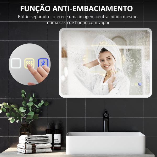Espelho de Casa de Banho com Luz LED 80x60 cm Bluetooth 3 Cores de Luz Relógio Digital Função Antiembaciamento Função de Memória Prata