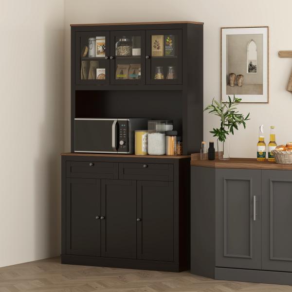 Armário de Cozinha com 3 Portas de Vidro Compartimento Aberto 2 Gavetas e Prateleiras Ajustáveis 100x40x180 cm Preto