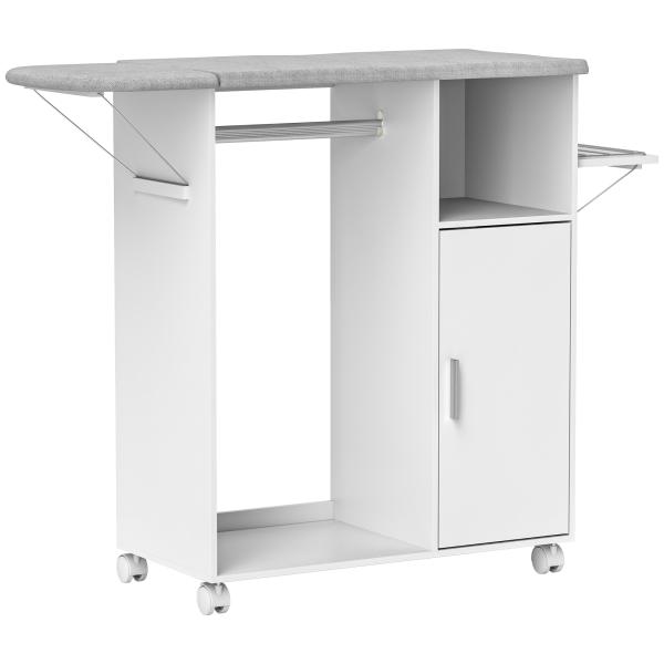 Móvel de Engomar de Madeira com Rodas Barra para Pendurar Roupa Prateleira Aberta e Tábua Dobrável 107x42,5x99 cm Branco
