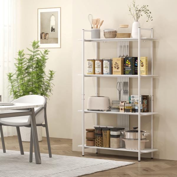 Estante de 4 Níveis Estante para Livros com Painel Perfurado e Estrutura Metálica 100x35x160,5 cm Branco