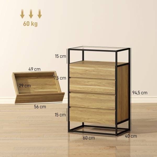 Cómoda 4 Gavetas Cómoda Quarto com Superfície de Vidro Temperado Prateleira Aberta Estrutura de Aço 60x40x94,5 cm Teca