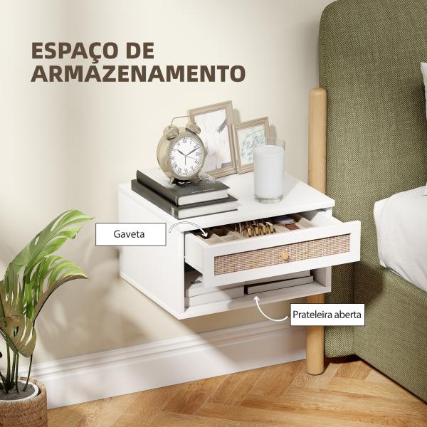 Conjunto de 2 Mesas de Cabeceiras Suspensas com Compartimento Aberto e Gaveta com Frente em Vime 40x34x23 cm Branco