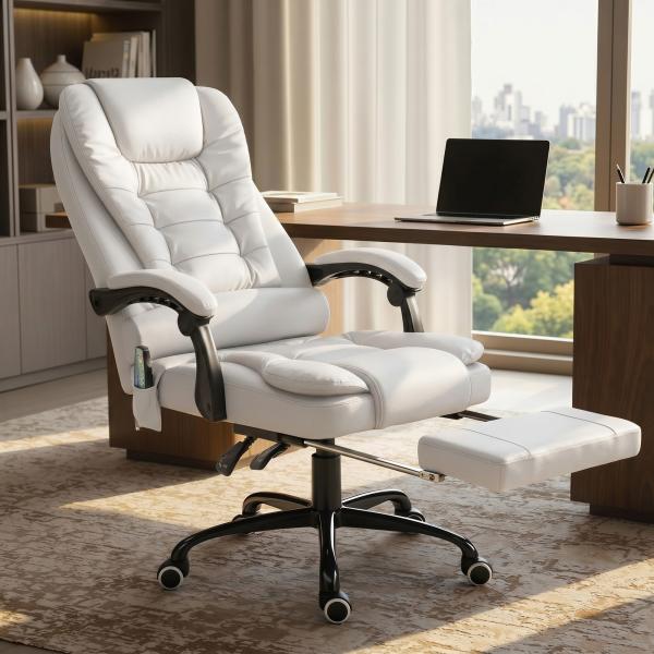 Cadeira de Escritório com 7 Pontos de Massagem com Apoio para os Pés Retrátil, Altura Ajustável, Comando Remoto e Tecido PU Branco