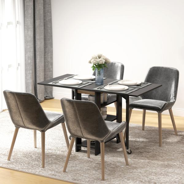 Mesa de Cozinha com Laterais Dobráveis Mesa de Refeição com 2 Rodas e Prateleiras Estilo Moderno 120x60x75 cm Preto